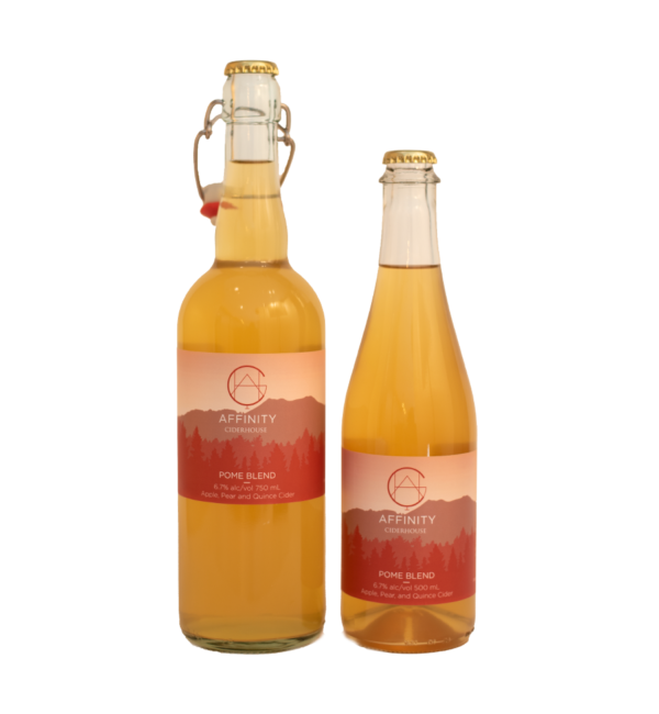 Botles of Pome Blend apple, pear, and quince cider in both 750 and 500 ml sizes